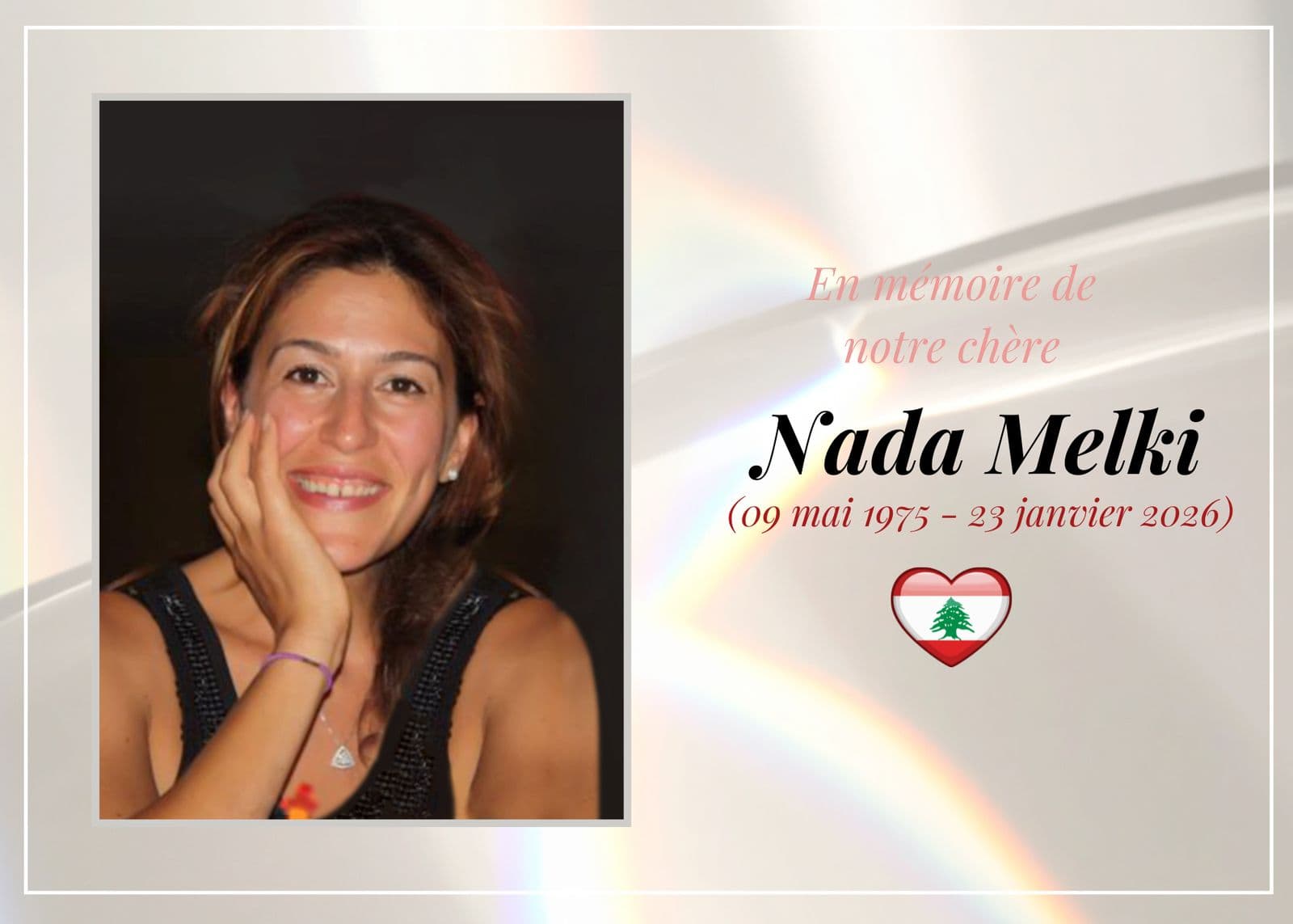 Memorial card for Nada Melki (May 9, 1975 – January 23, 2026), with her smiling portrait.